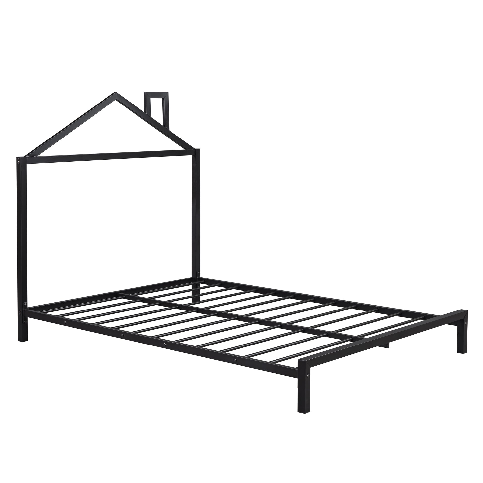 Full Size Metal Platform Bed With House Shaped Headboard Design, Black Black Metal