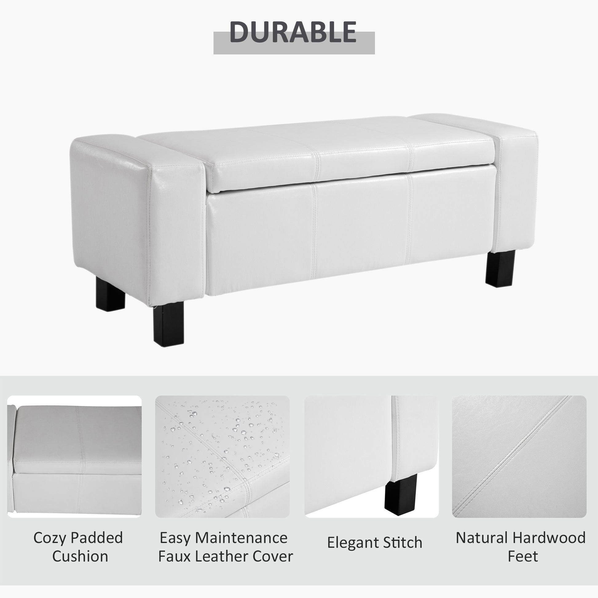 Homcom Large 42" Storage Ottoman, Tufted Faux Leather Storage Bench For Living Room, Entryway, Or Bedroom, Cream White White Leather