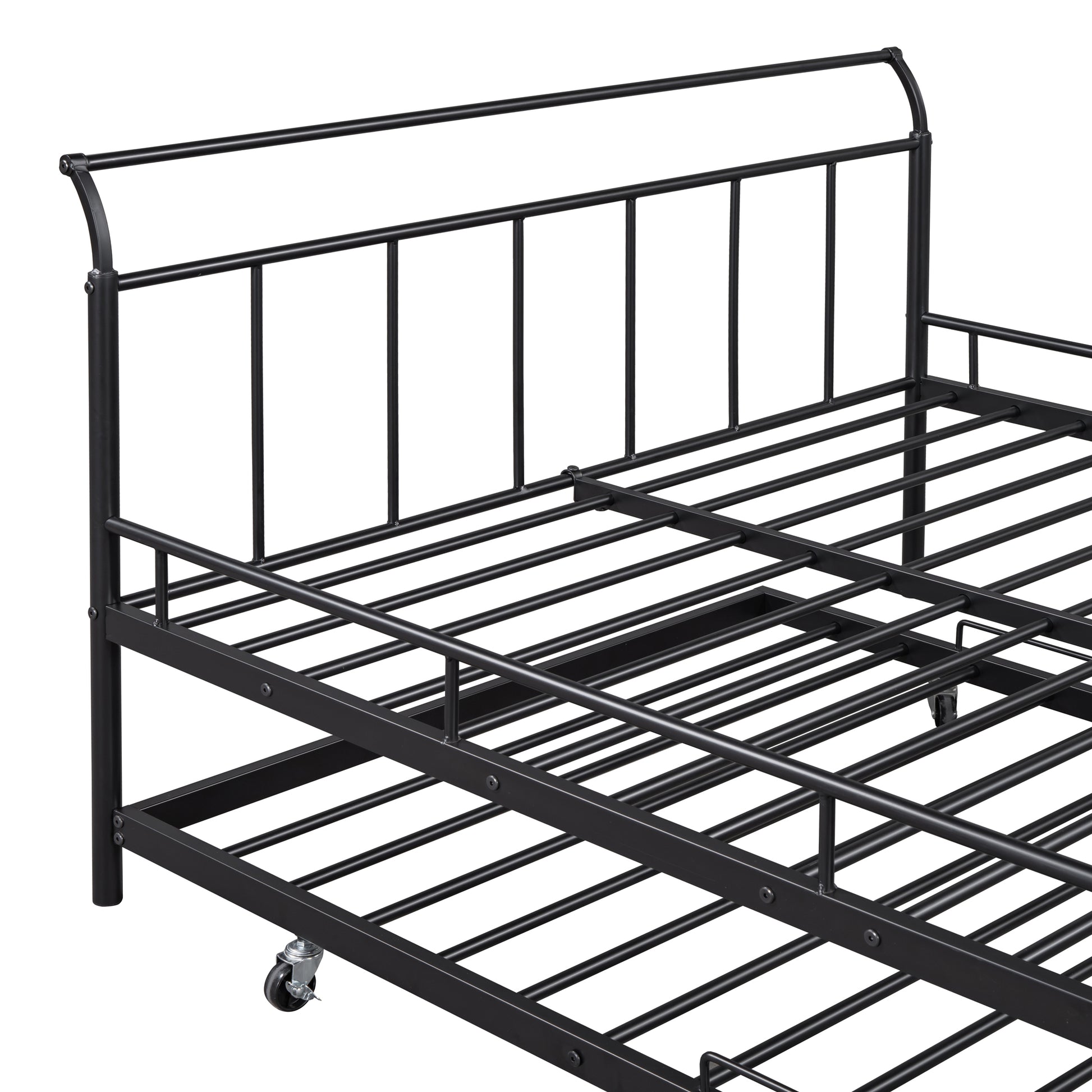 Full Size Metal Daybed With Curved Handle Design And Twin Size Trundle, Black Black Metal