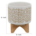 Planter With Chevron Pattern And Wooden Stand, Large, Off White White Ceramic Mdf