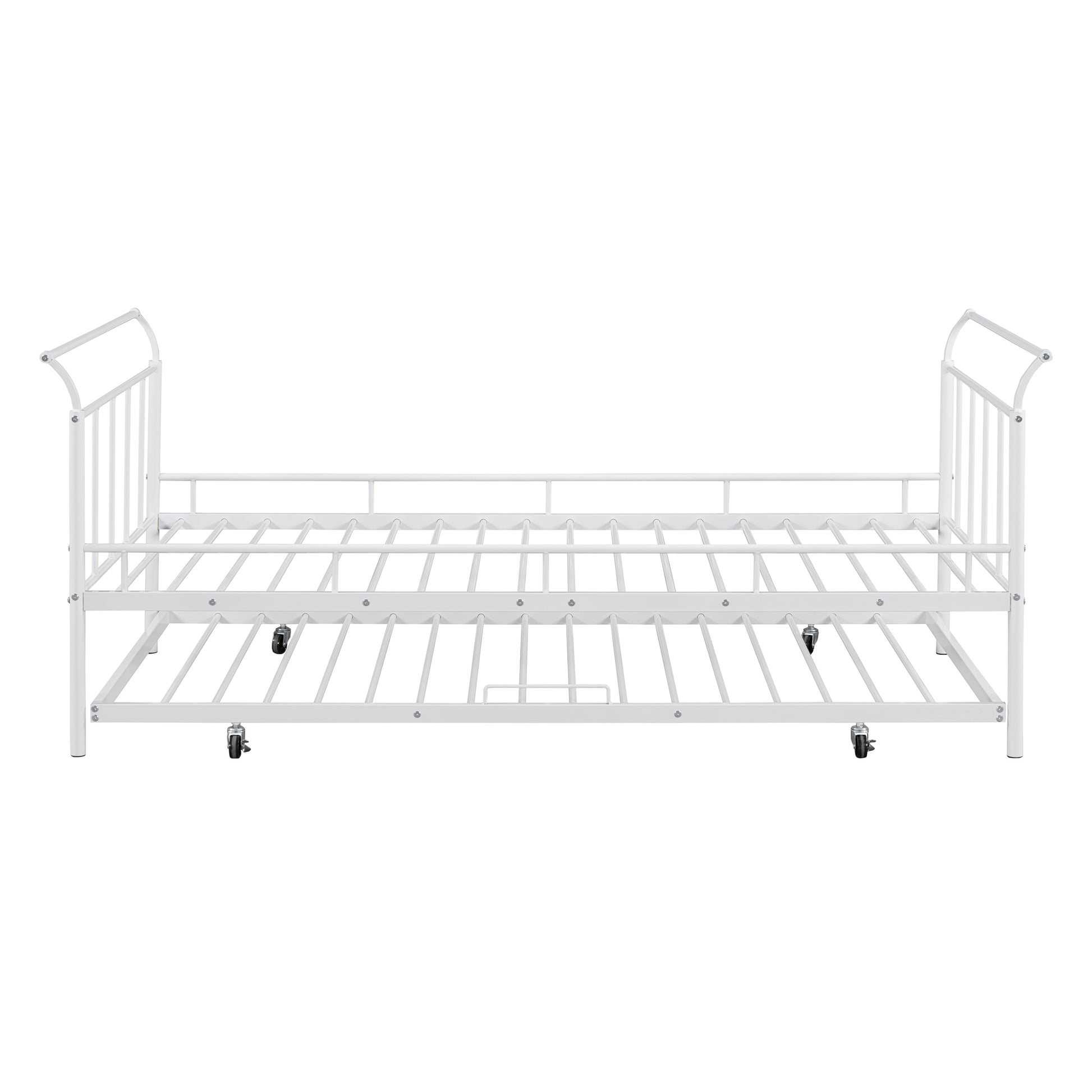 Twin Size Metal Daybed With Curved Handle Design And Twin Size Trundle, White White Metal