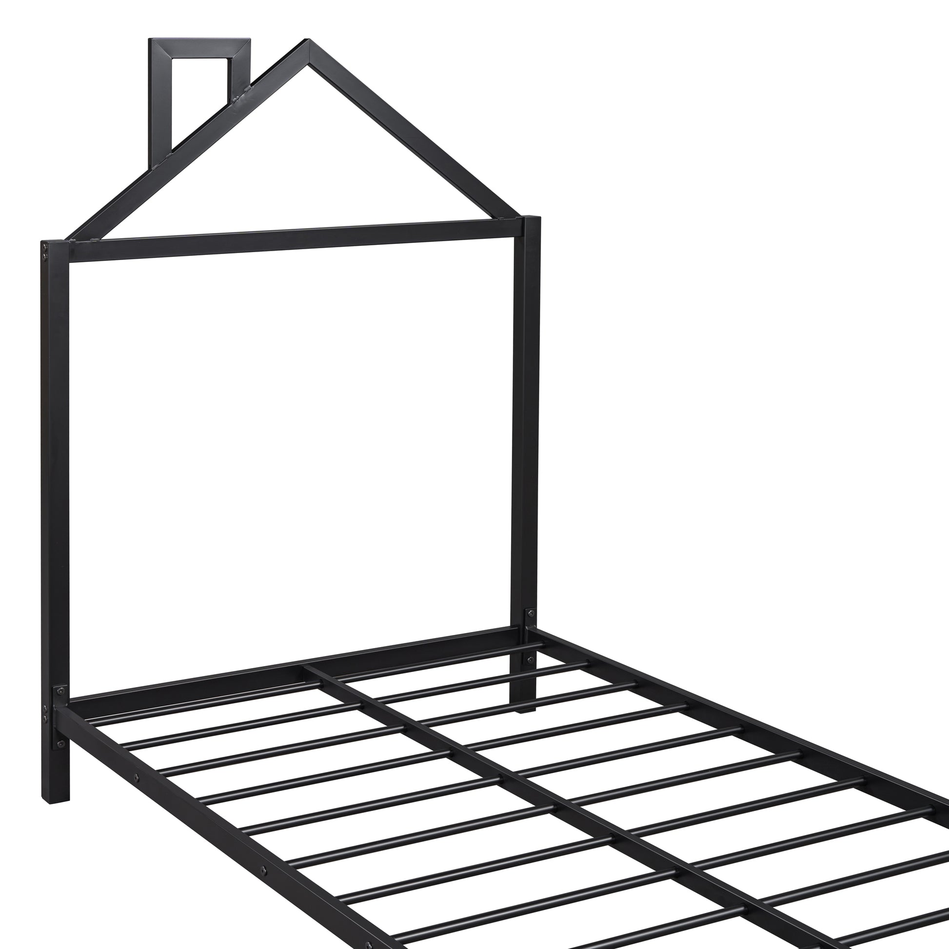 Twin Size Metal Platform Bed With House Shaped Headboard Design, Black Black Metal