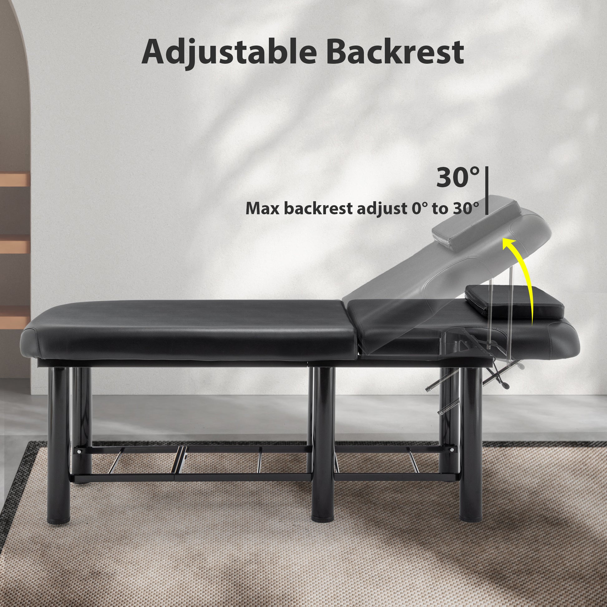 Professioanl Massage Tablebackrest Adjustable, Removable Headrest, Bottom Shelf Storagememory Foam Layer Salon Bed,Black Black Metal