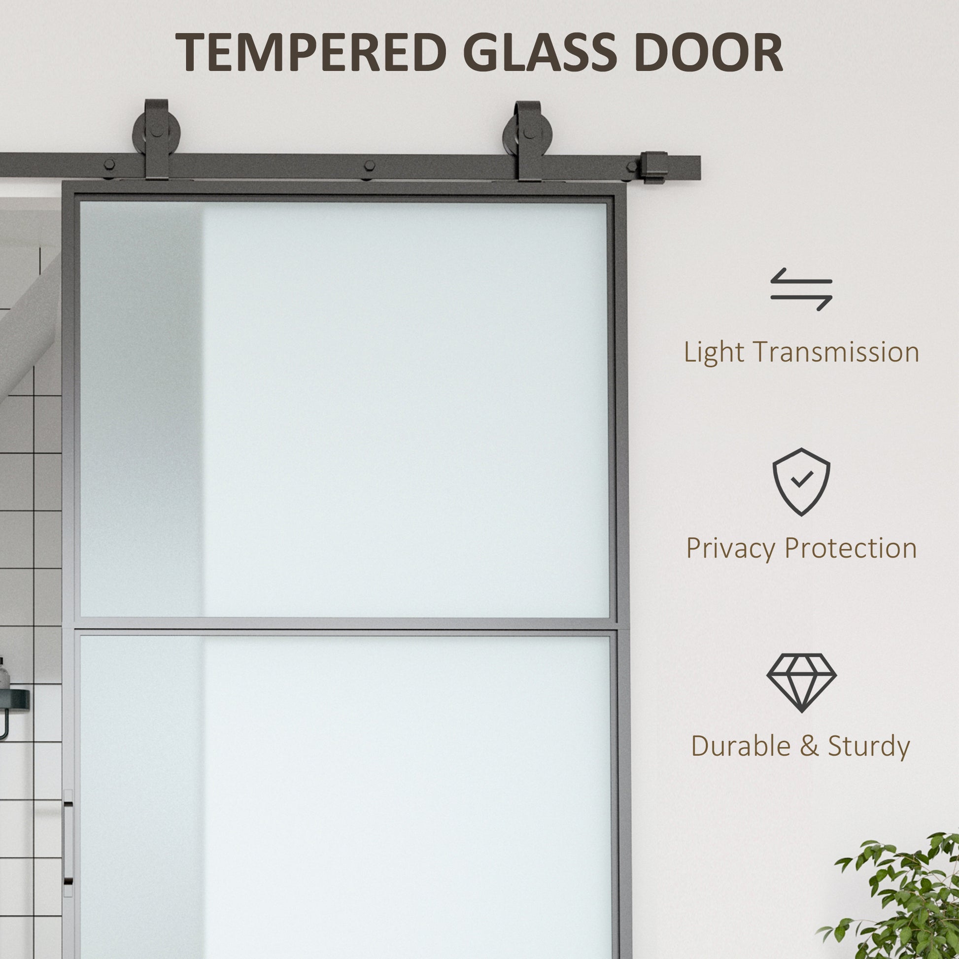 Homcom 36" X 84" Sliding Door With Hardware Kit, Handle, & Track, Industrial Frosted Tempered Glass Door With Carbon Steel, Easy Installation Black Carbon Steel
