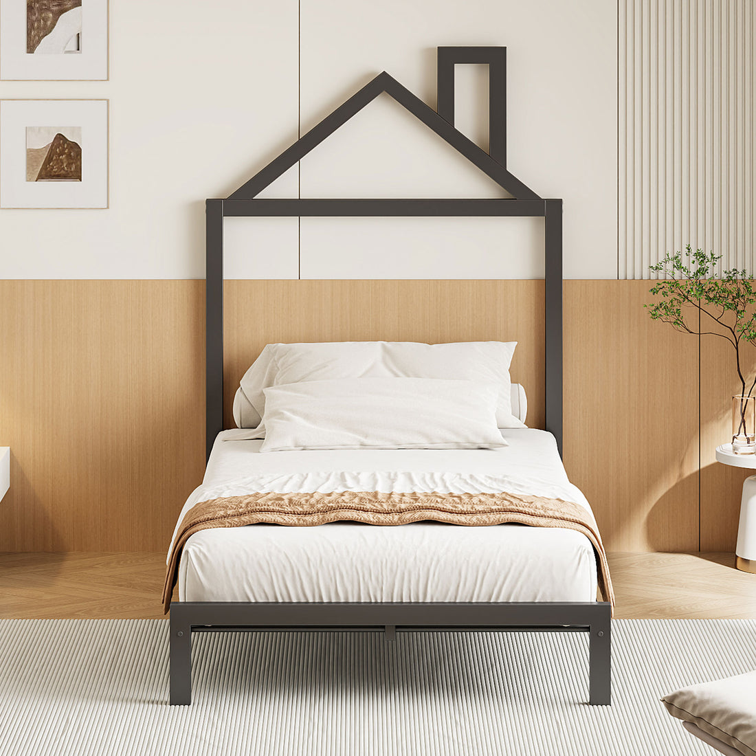 Twin Size Metal Platform Bed With House Shaped Headboard Design, Black Black Metal