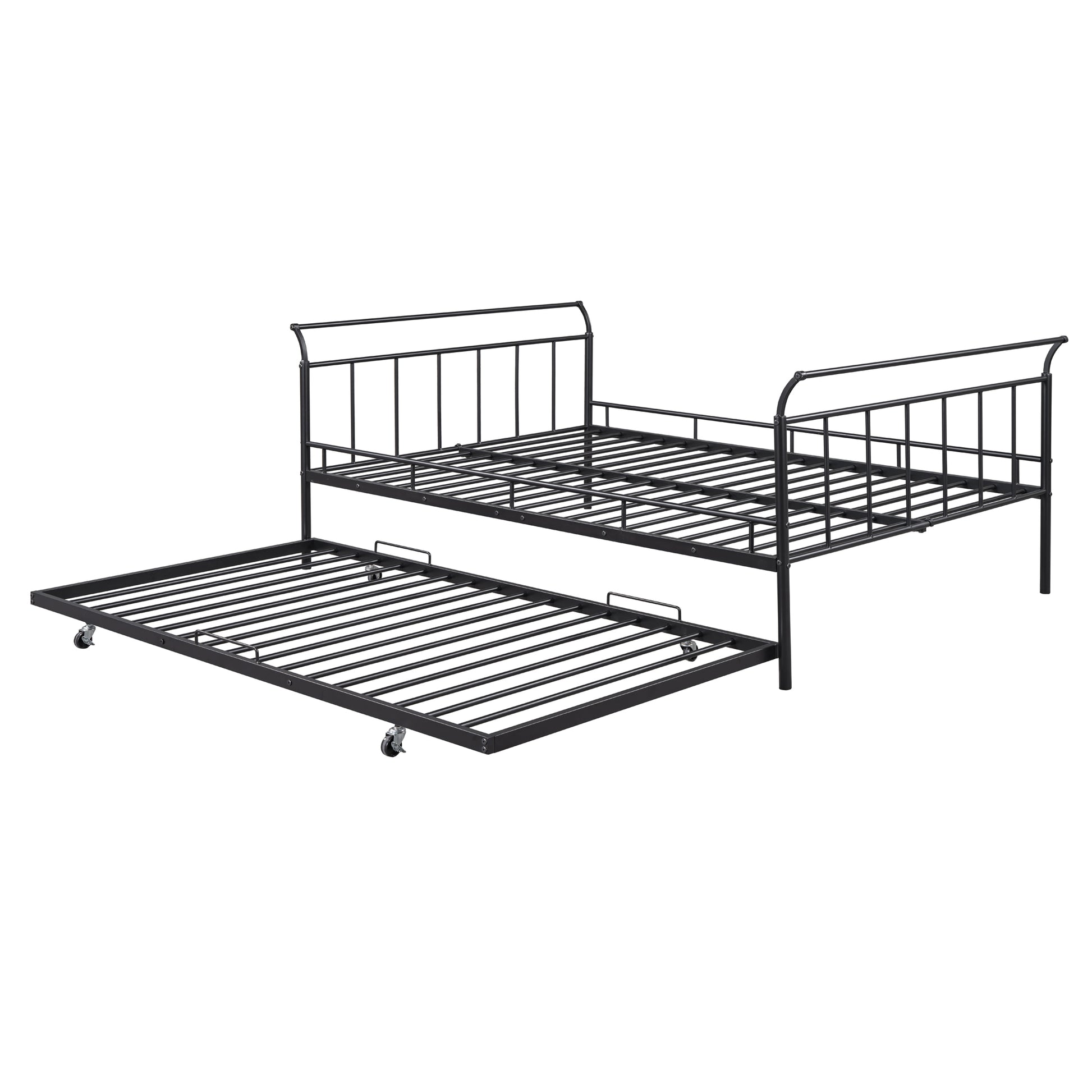 Full Size Metal Daybed With Curved Handle Design And Twin Size Trundle, Black Black Metal