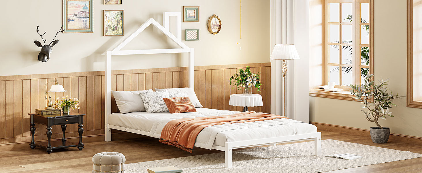 Twin Size Metal Platform Bed With House Shaped Headboard Design, White White Metal