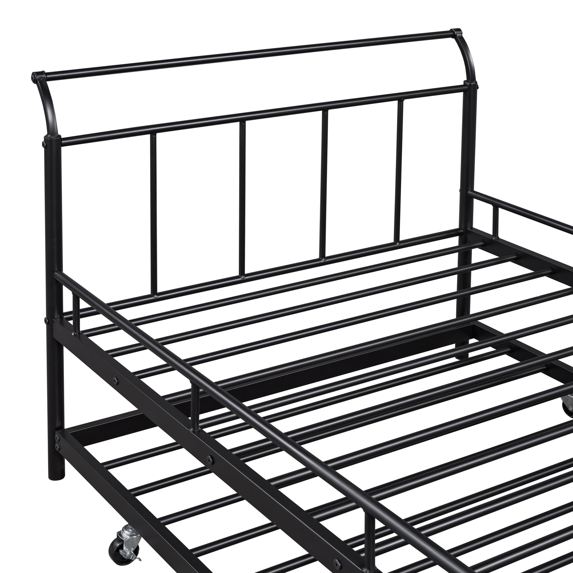 Twin Size Metal Daybed With Curved Handle Design And Twin Size Trundle, Black Black Metal