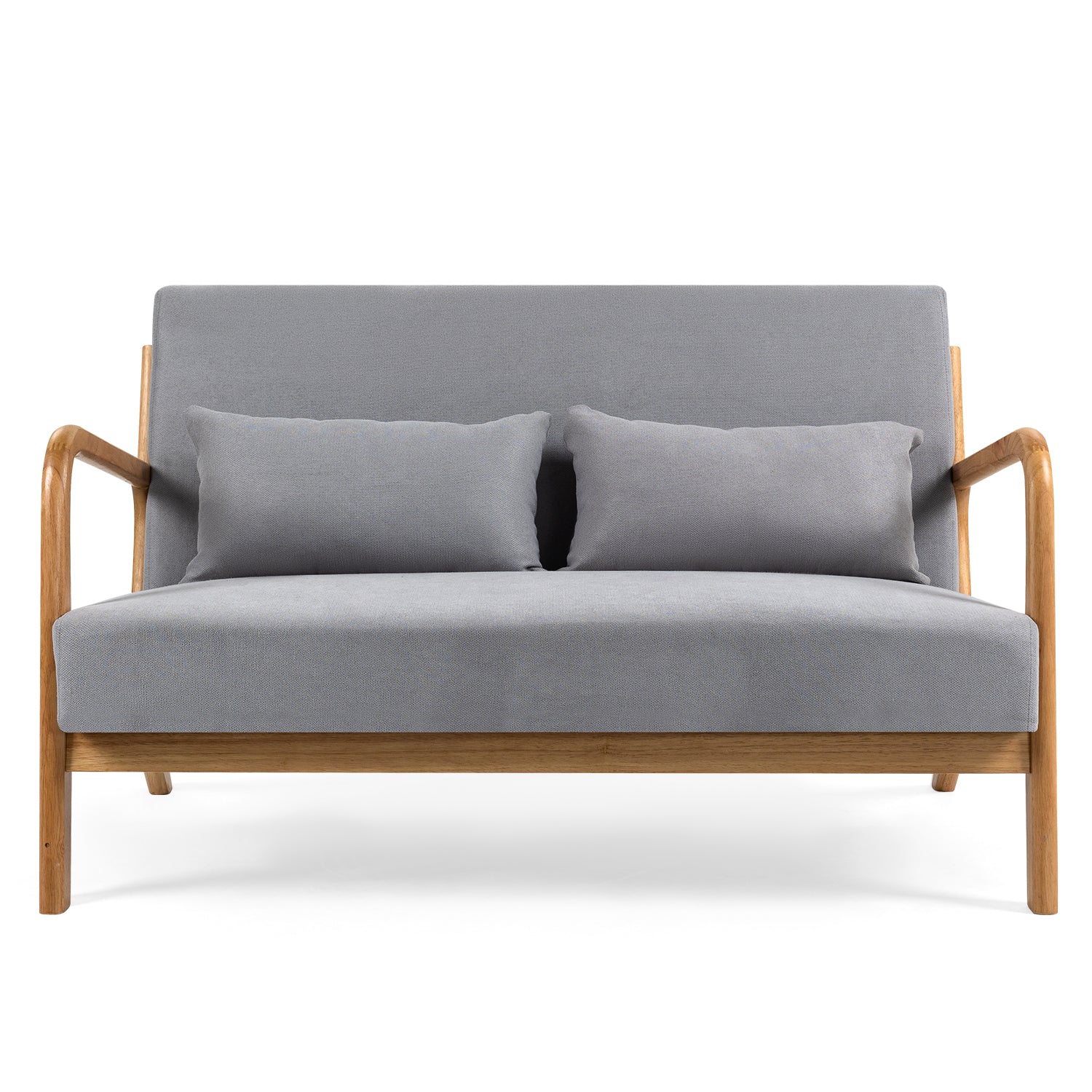 Leisure Chair With Solid Wood Armrest And Feet, Mid Century Modern Accent Sofa,2 Seat Light Gray Linen