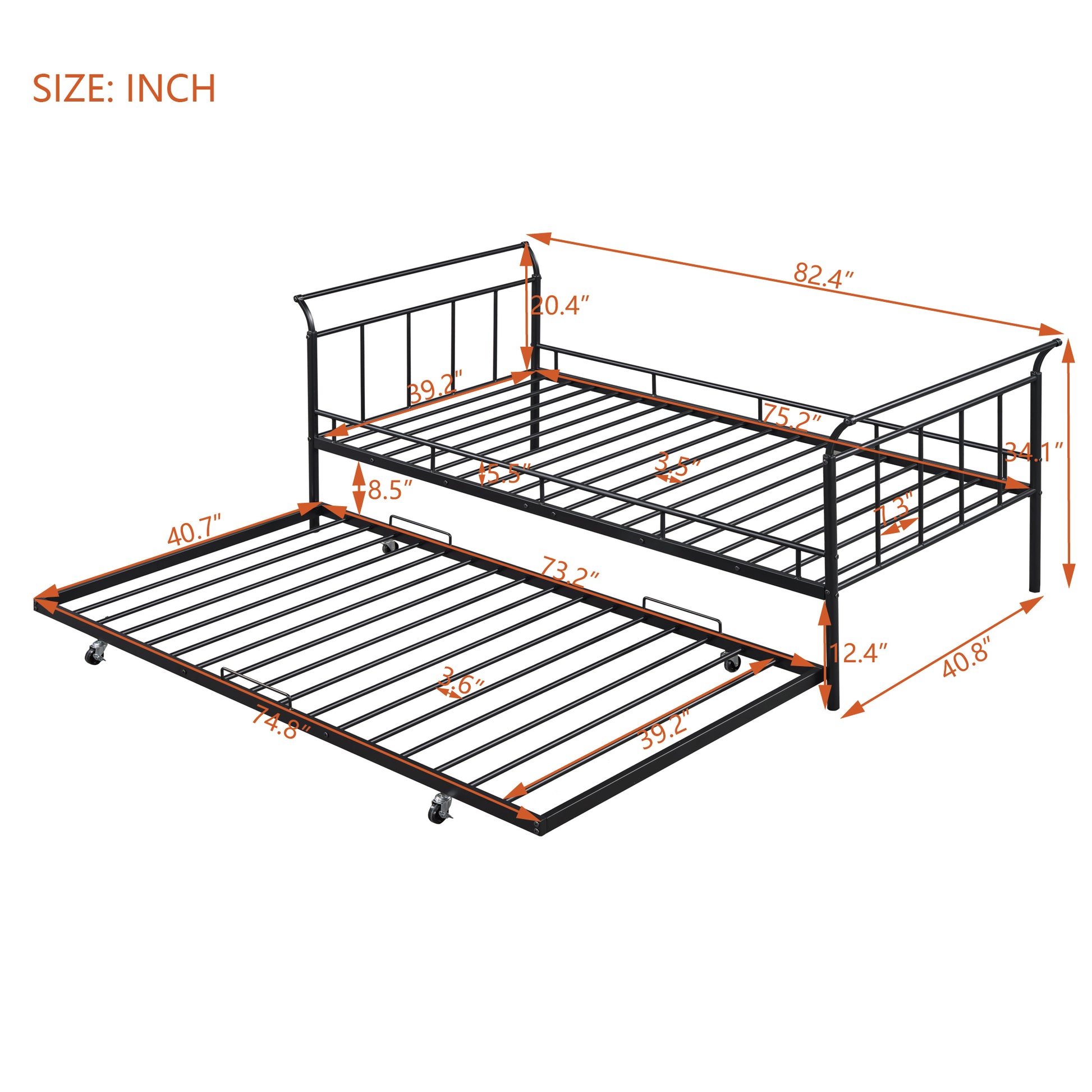 Twin Size Metal Daybed With Curved Handle Design And Twin Size Trundle, Black Black Metal