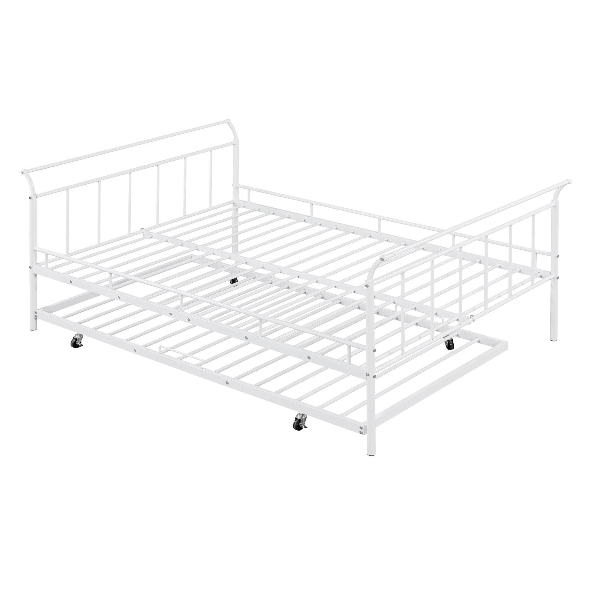 Full Size Metal Daybed With Curved Handle Design And Twin Size Trundle, White White Metal