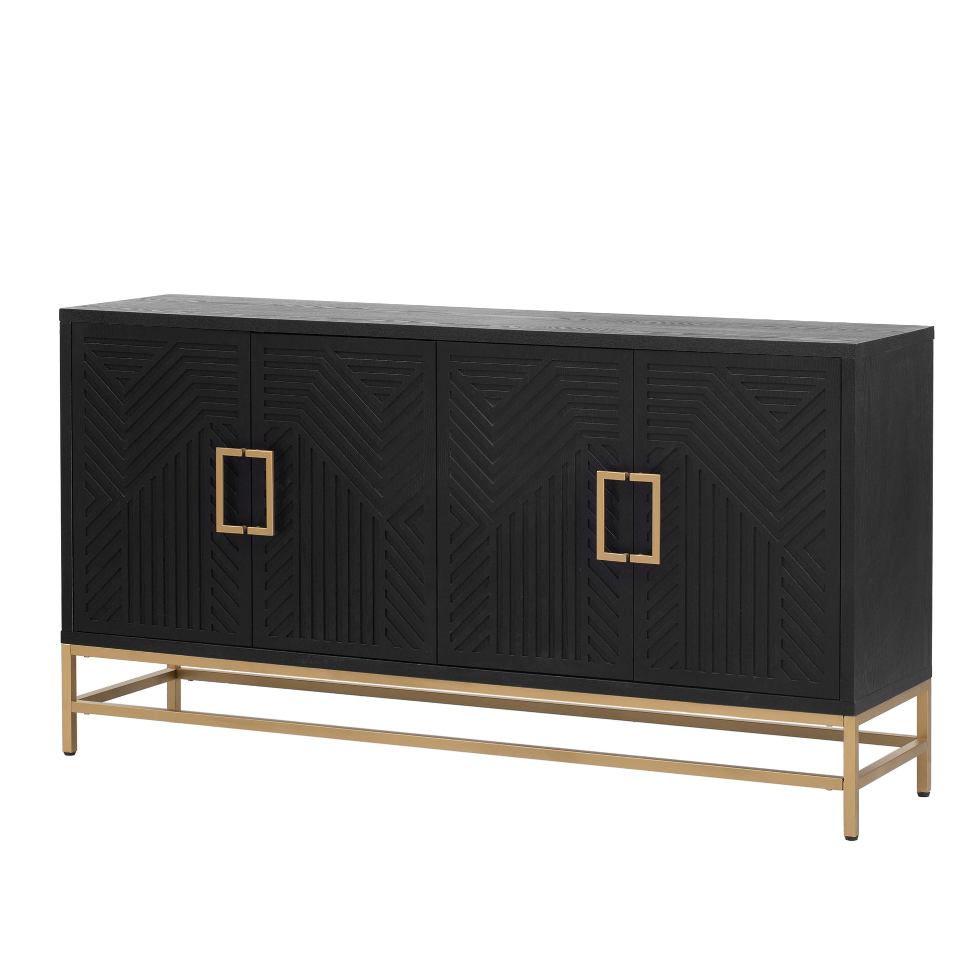 Sideboard Buffet Cabinet With Storage, Sideboard Cabinet With Adjustable Shelves, Rectangular Metal Handles And Legs For Kitchen, Living Room, And Dining Room, Black Black Mdf