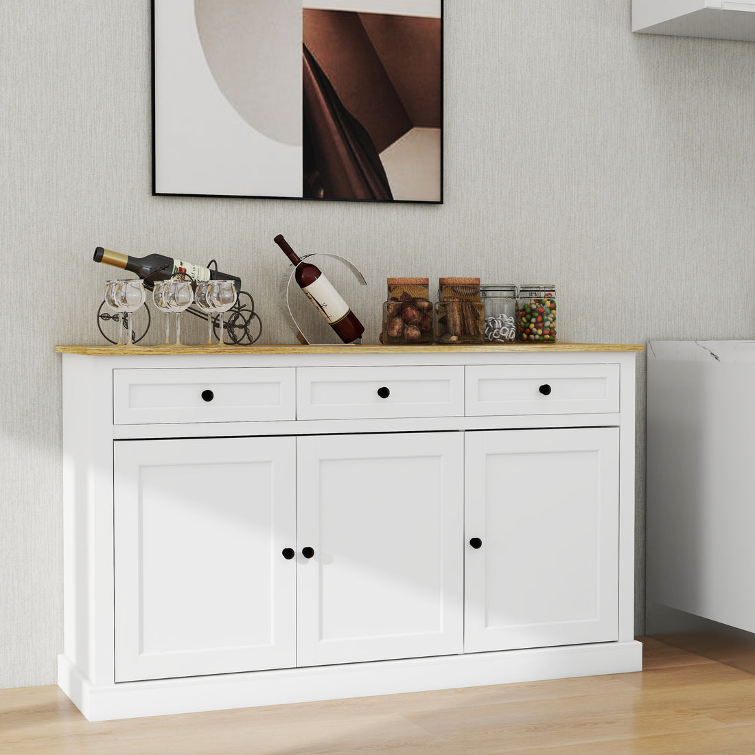 Buffet Cabinet Storage Sideboard Farmhouse Server Bar Wine Cabinet With 3 Drawers & 3 Doors Adjustable Shelves For Dining Living Room Kitchen Cupboard White White Mdf