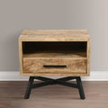 Bree 22 Inch Modern Rustic Single Drawer Nightstand, Brown Mango Wood Frame, Black Iron Angled Legs Brown Metal & Wood