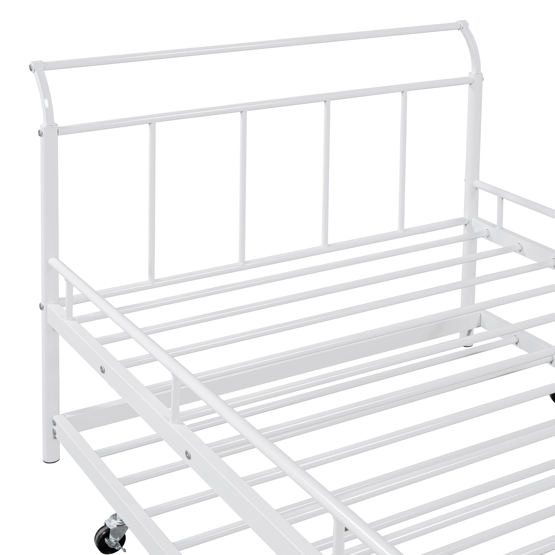 Twin Size Metal Daybed With Curved Handle Design And Twin Size Trundle, White White Metal