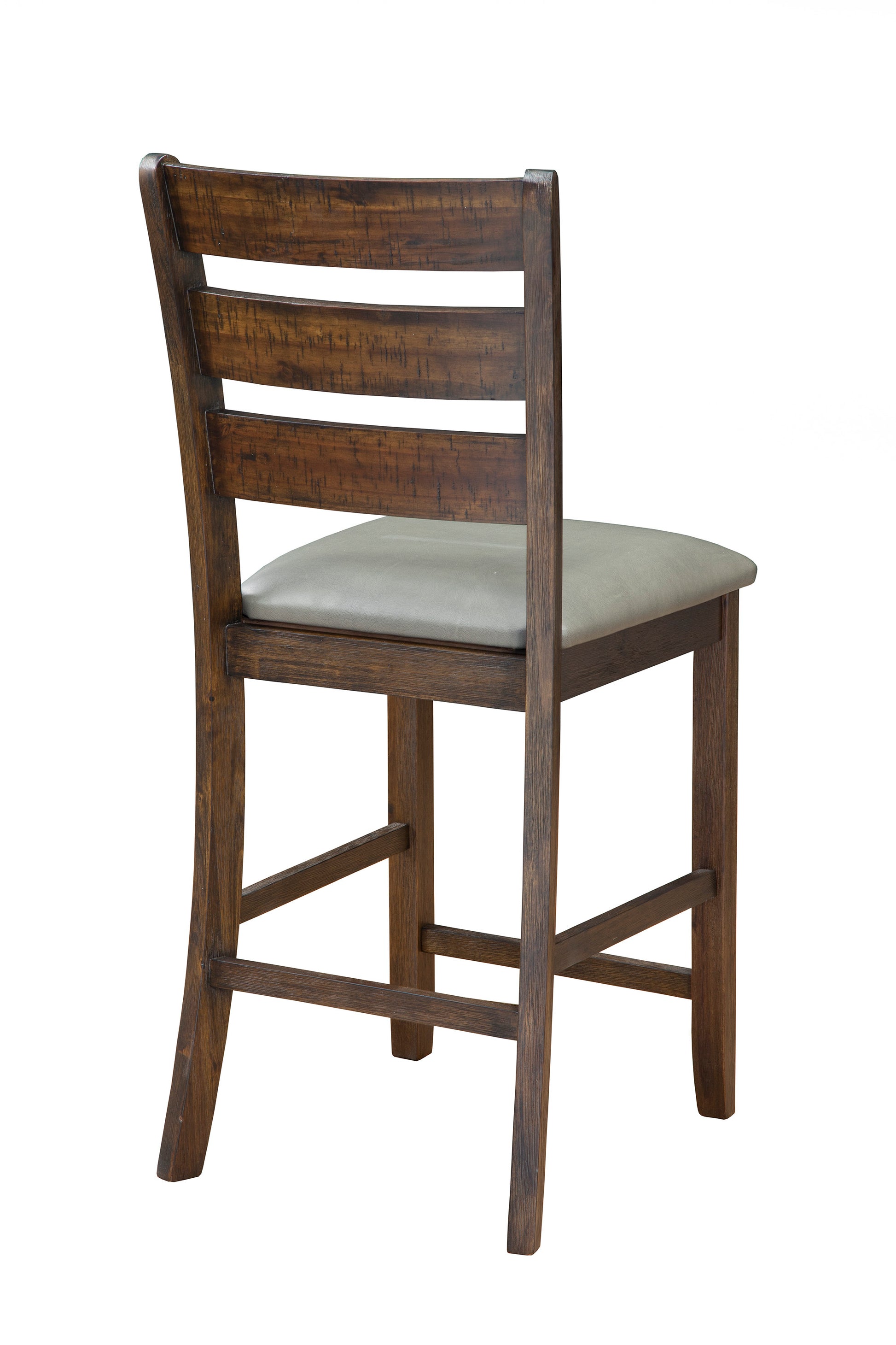 Wooden Pub Height Chairs With Slatted Back And Footrest, Set Of Two, Brown And Gray Brown Gray Wood Fabric