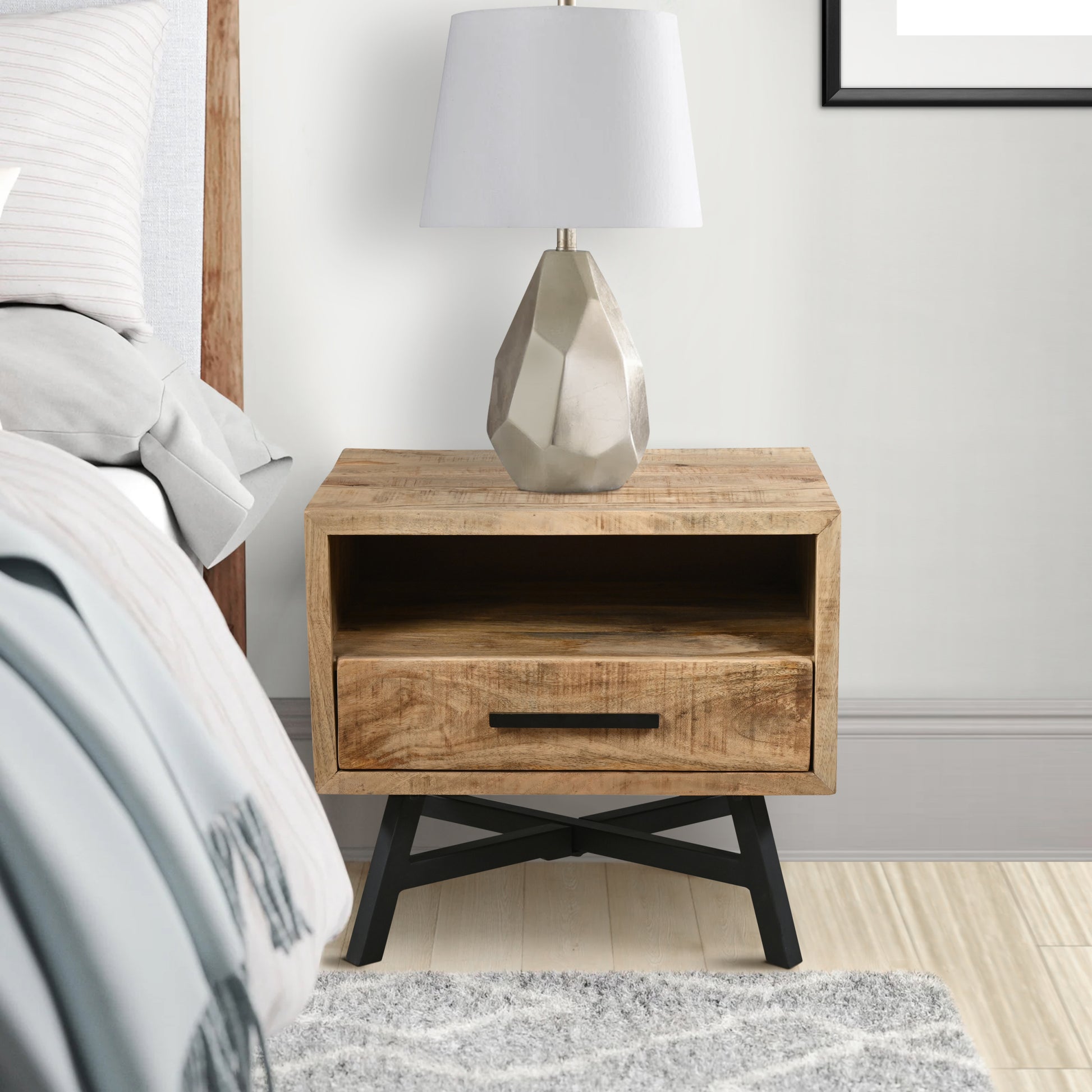 Bree 22 Inch Modern Rustic Single Drawer Nightstand, Brown Mango Wood Frame, Black Iron Angled Legs Brown Metal & Wood