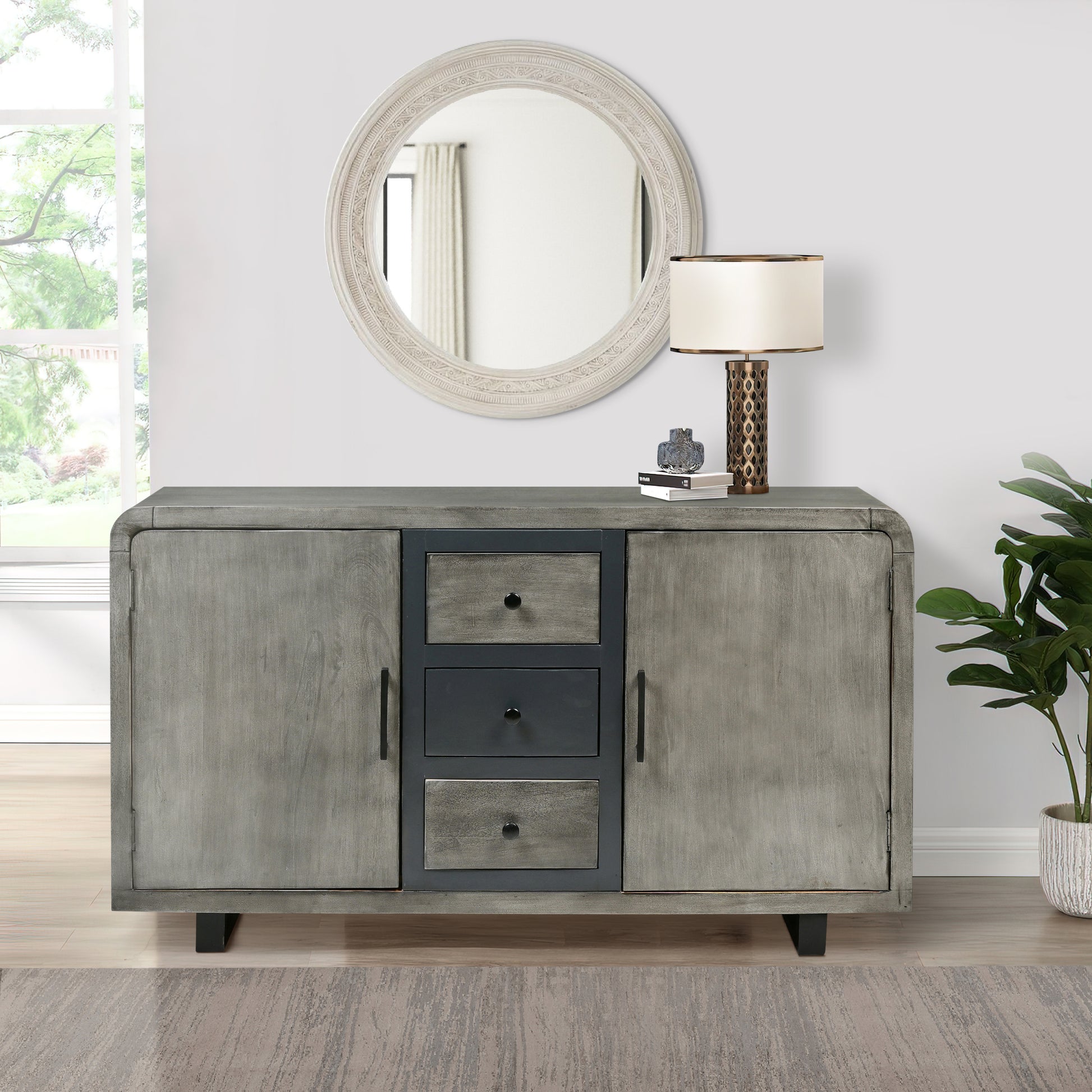 55 Inch Industrial Style Sideboard Console With 2 Cabinets, Iron Handles, Matte Gray Mango Wood Gray Metal & Wood