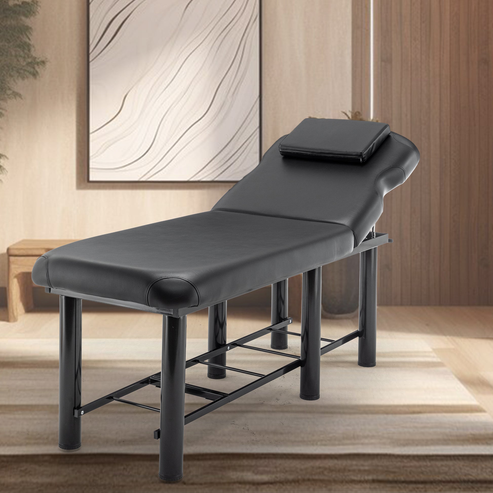 Professioanl Massage Tablebackrest Adjustable, Removable Headrest, Bottom Shelf Storagememory Foam Layer Salon Bed,Black Black Metal