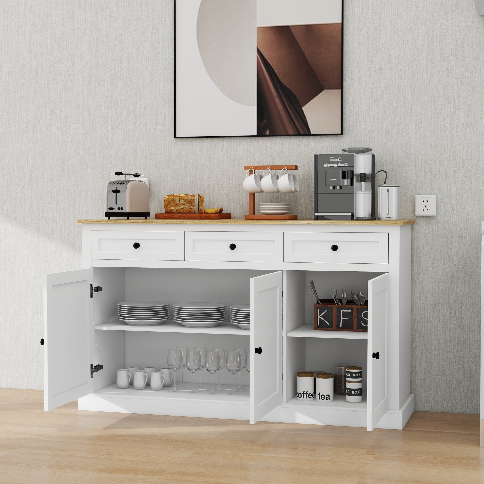 Buffet Cabinet Storage Sideboard Farmhouse Server Bar Wine Cabinet With 3 Drawers & 3 Doors Adjustable Shelves For Dining Living Room Kitchen Cupboard White White Mdf