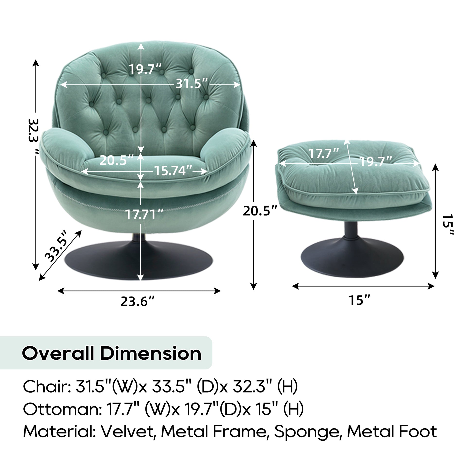 Swivel Leisure Chair Lounge Chair Velvet Teal Color With Ottoman Teal Velvet