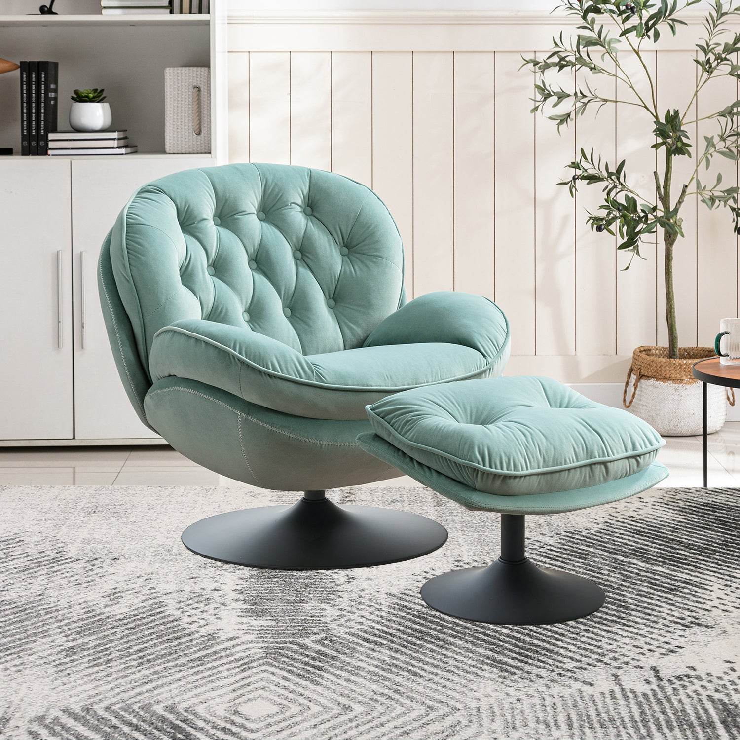 Swivel Leisure Chair Lounge Chair Velvet Teal Color With Ottoman Teal Velvet