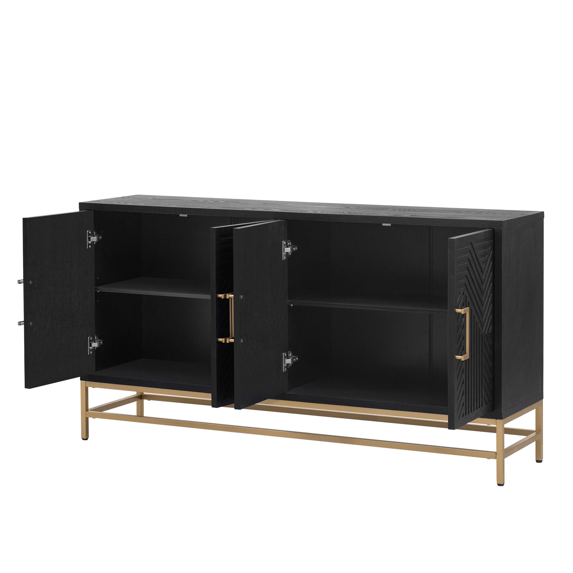 Sideboard Buffet Cabinet With Storage, Sideboard Cabinet With Adjustable Shelves, Rectangular Metal Handles And Legs For Kitchen, Living Room, And Dining Room, Black Black Mdf