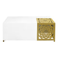 48 Inch Rectangular Modern Coffee Table With Geometric Cut Out Design, White And Brass Gold White Metal & Wood