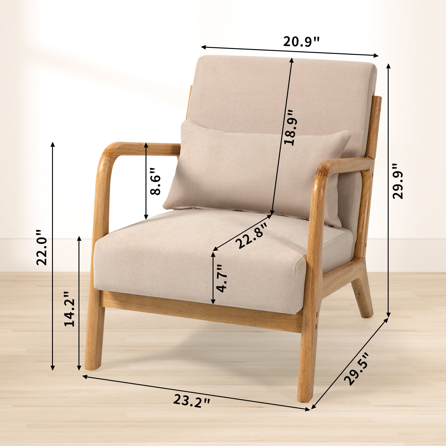 Leisure Chair With Solid Wood Armrest And Feet, Mid Century Modern Accent Sofa,1 Seat Beige Linen