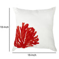 Contemporary Style Pillow With Coral Embroidery, Red And White. White Polyester