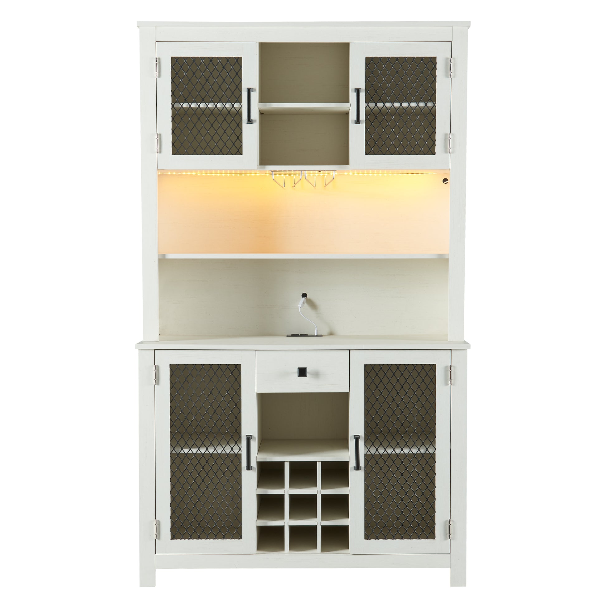 70" Kitchen Pantry Storage Cabinet Rustic Buffet Cabinet, Kitchen Hutch Cabinet With Led Outlets Food Pantry Cabinet With Doors And Shelves Wine Rack For Dining Room, Antique White Antique White Dining Room Classic Mdf