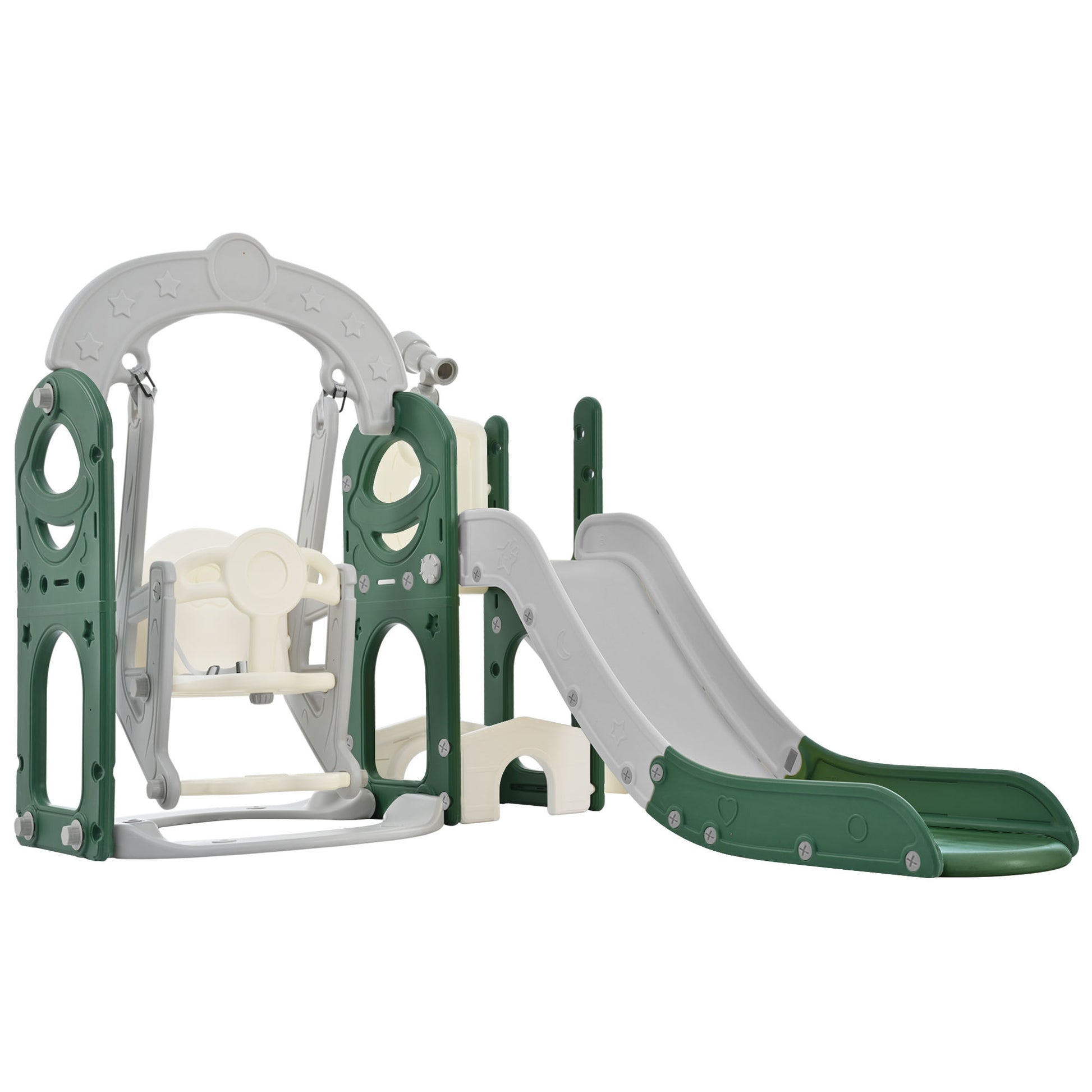 Toddler Slide And Swing Set 5 In 1, Kids Playground Climber Slide Playset With Telescope, Freestanding Combination For Babies Indoor & Outdoor Green Hdpe