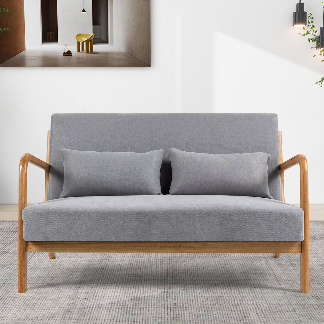 Leisure Chair With Solid Wood Armrest And Feet, Mid Century Modern Accent Sofa,2 Seat Light Gray Linen