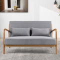 Leisure Chair With Solid Wood Armrest And Feet, Mid Century Modern Accent Sofa,2 Seat Light Gray Linen