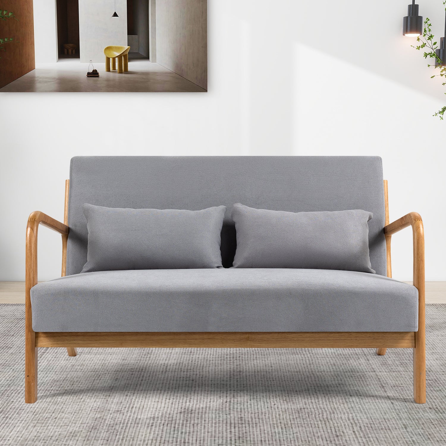 Leisure Chair With Solid Wood Armrest And Feet, Mid Century Modern Accent Sofa,2 Seat Light Gray Linen