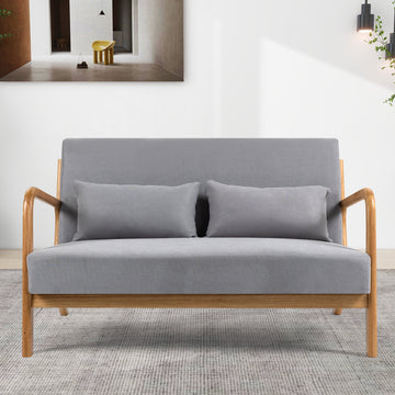 Leisure Chair With Solid Wood Armrest And Feet, Mid Century Modern Accent Sofa,2 Seat Light Gray Linen