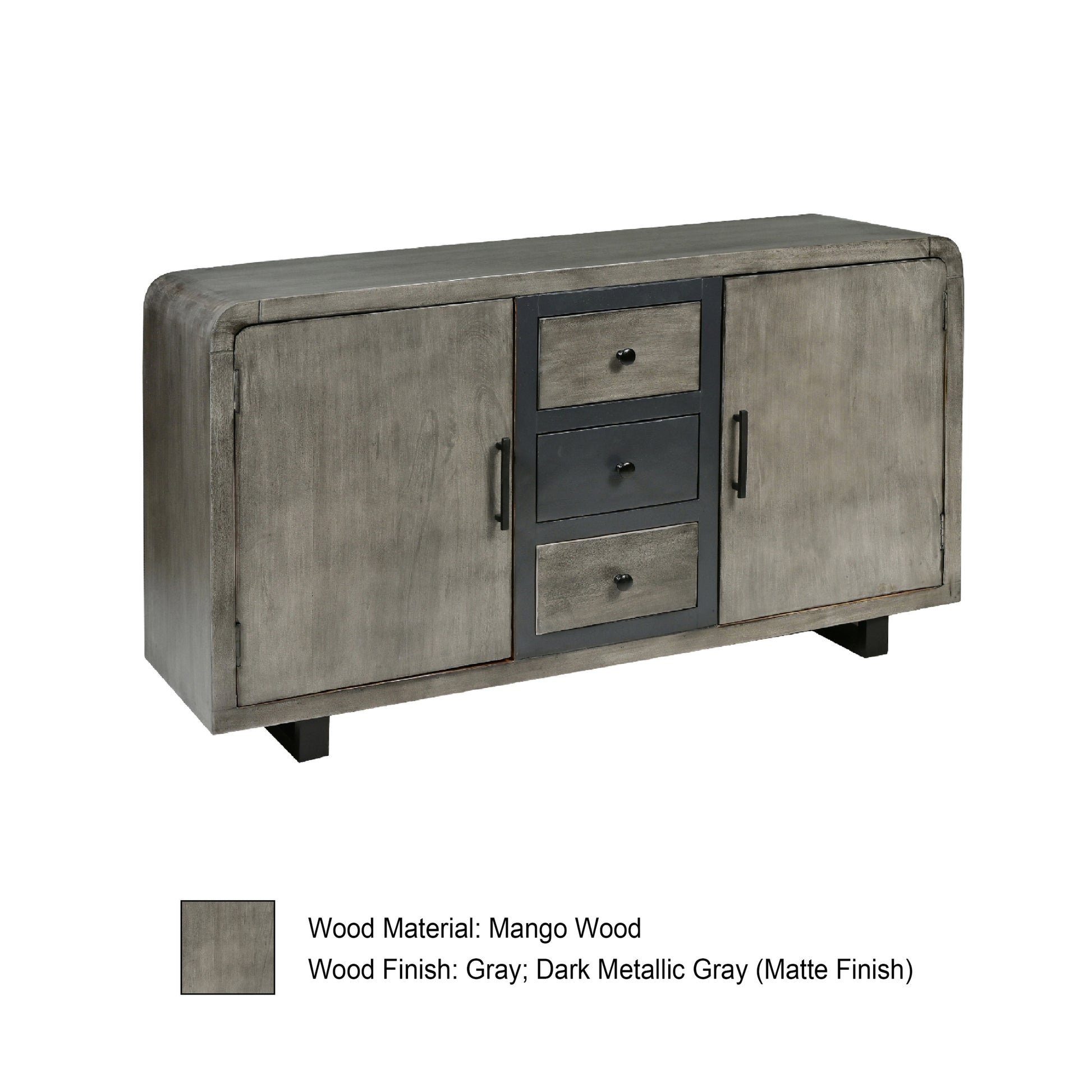 55 Inch Industrial Style Sideboard Console With 2 Cabinets, Iron Handles, Matte Gray Mango Wood Gray Metal & Wood