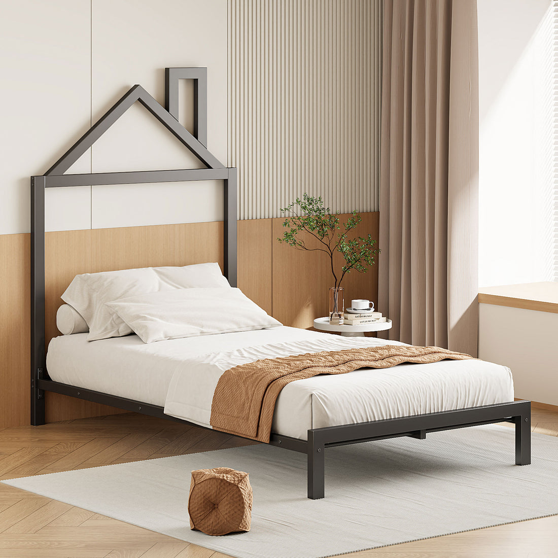 Twin Size Metal Platform Bed With House Shaped Headboard Design, Black Black Metal