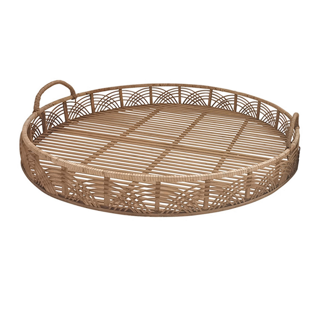 Round Shaped Bamboo Tray With Curved Handle, Set Of 2, Brown Brown Bamboo