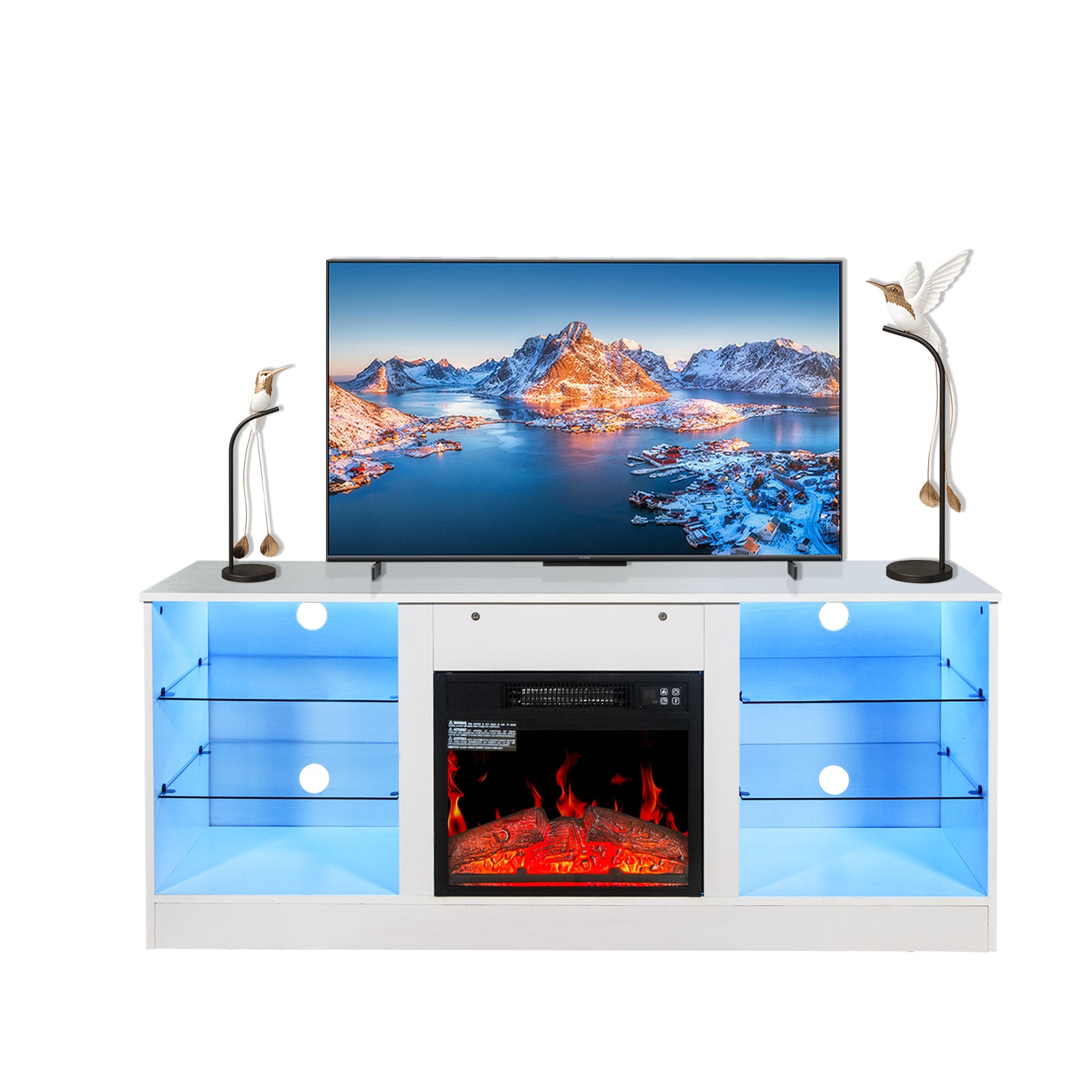 Fireplace Tv Stand With 18 Inch Electric Fireplace Heater,Modern Entertainment Center For Tvs Up To 62 Inch With Adjustable Glass Shelves And Storage Cabinets White White Mdf