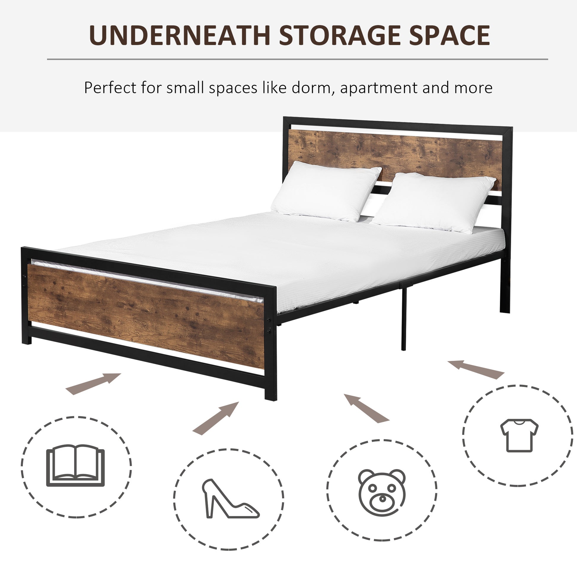 Homcom Queen Bed Frame With Headboard & Footboard, Strong Metal Slat Support Bed Frame W Underbed Storage Space, No Box Spring Needed, 63''X82''X40.5'' Brown Mdf