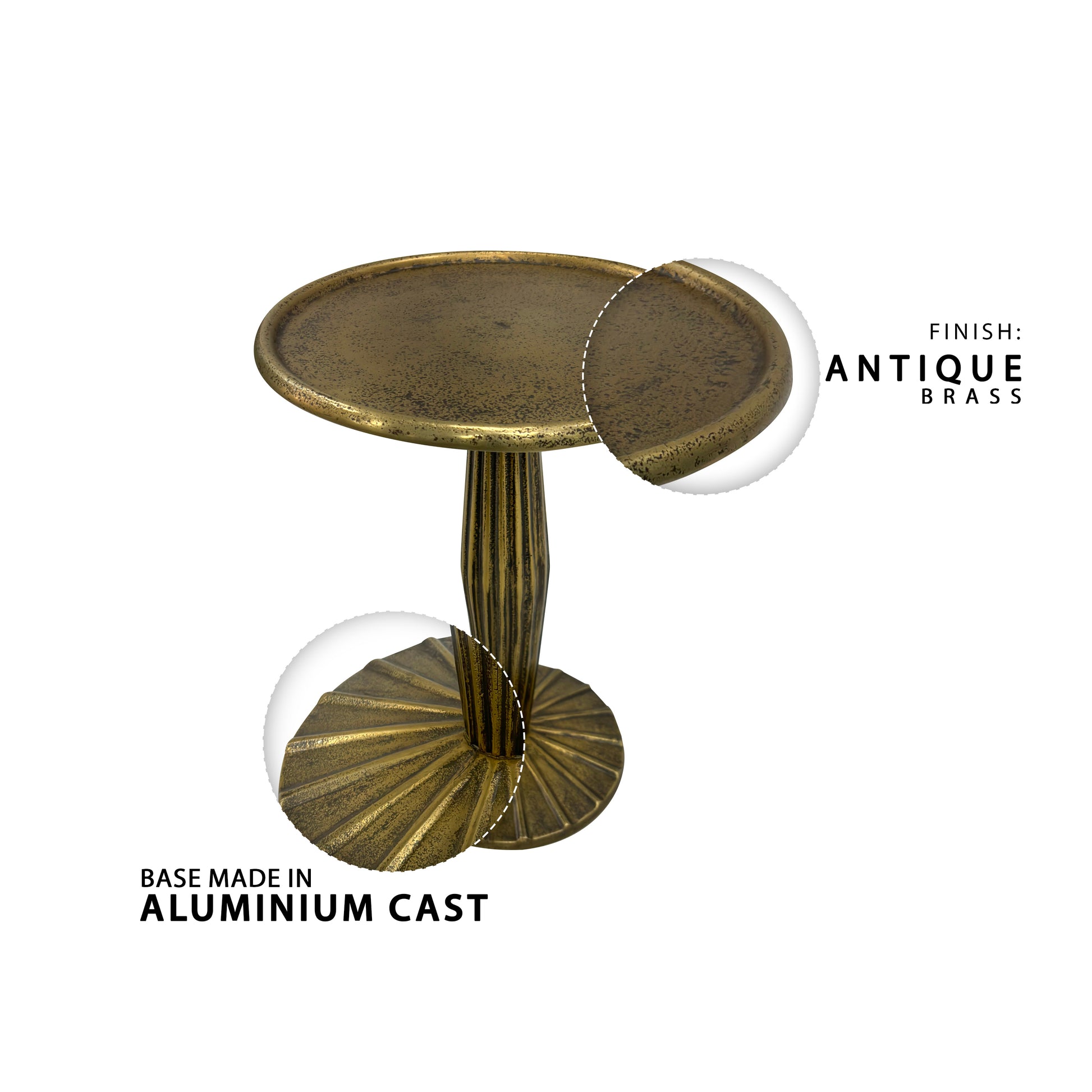 12 Inch Side End Drink Table, Fancy Fluted Base, Round Top, Antique Brass Antique Brass Aluminum