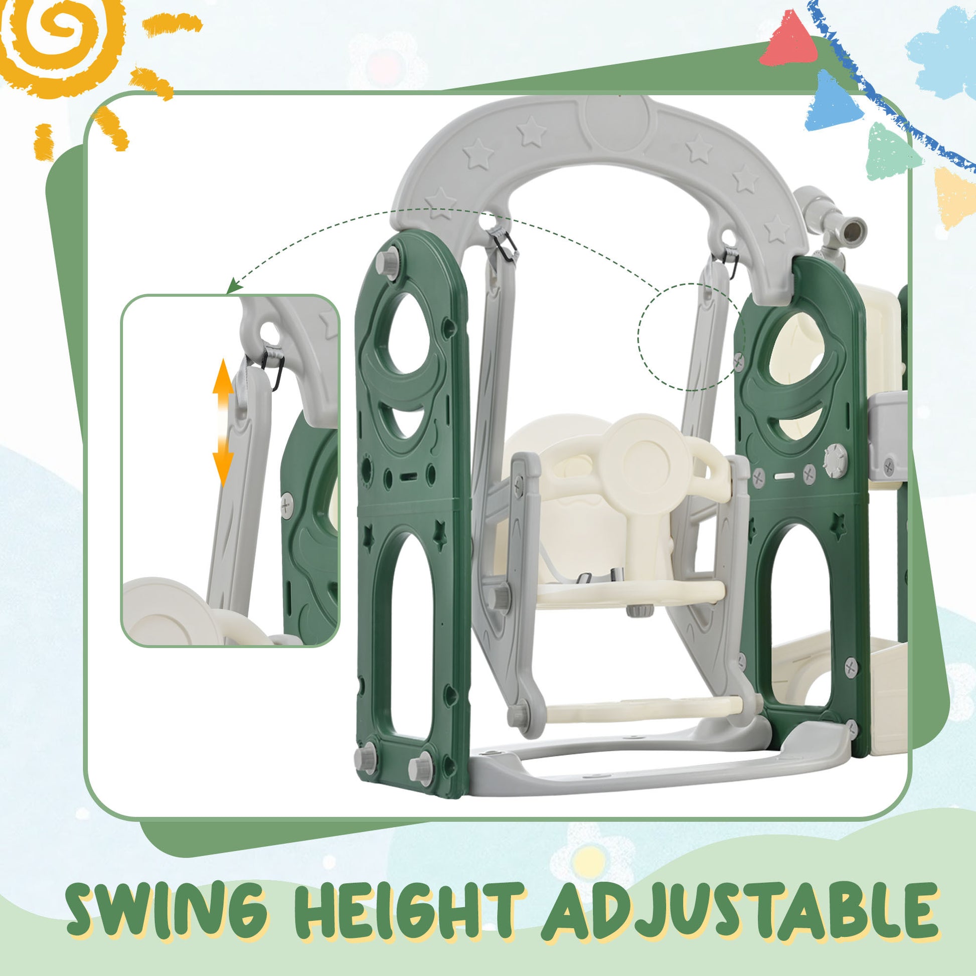 Toddler Slide And Swing Set 5 In 1, Kids Playground Climber Slide Playset With Telescope, Freestanding Combination For Babies Indoor & Outdoor Green Hdpe