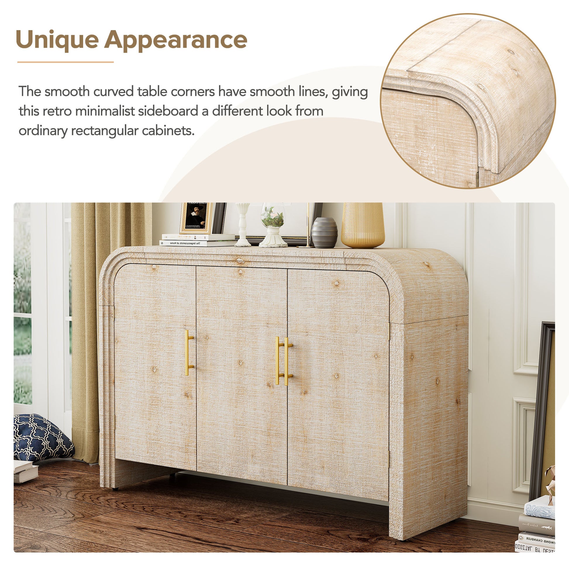 Retro Minimalist Curved Sideboard With Gold Handles And Adjustable Dividers For Living Room Or Dining Room Natural Wood Wash Natural Wood Wash Mdf