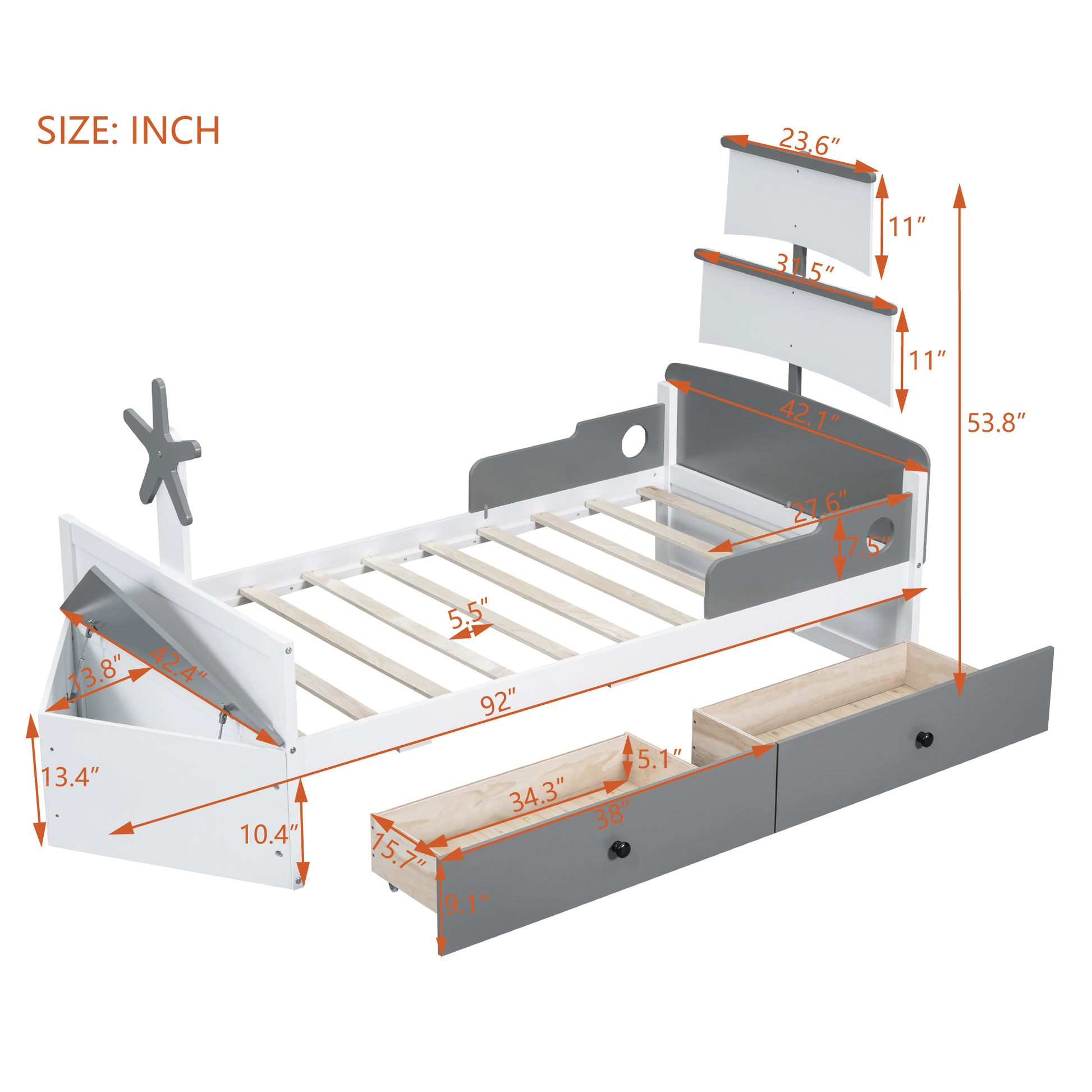 Twin Size Boat Shaped Platform Bed With 2 Drawers,Twin Bed With Storage For Bedroom,Gray Gray Wood