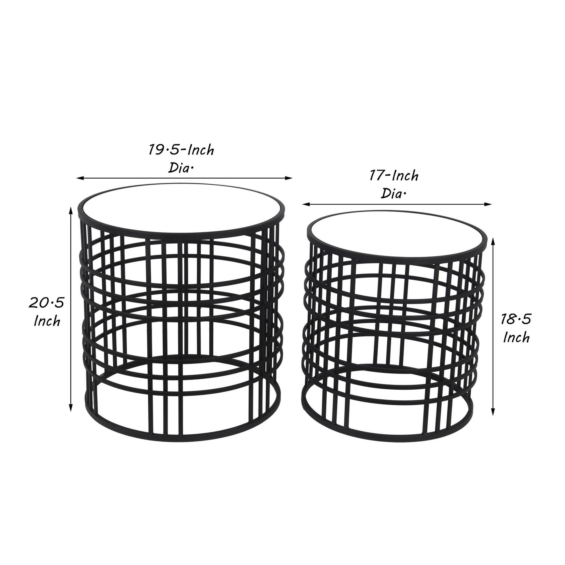 Mirrored Top Round Accent Table With Open Base, Set Of 2, Black Black Glass Metal