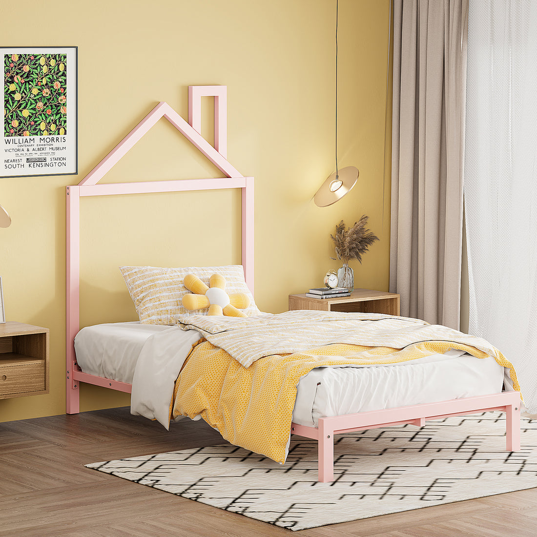 Twin Size Metal Platform Bed With House Shaped Headboard Design, Pink Pink Metal