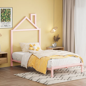 Twin Size Metal Platform Bed With House Shaped Headboard Design, Pink Pink Metal