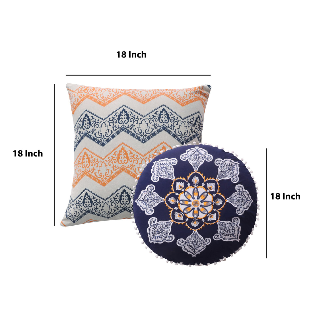 2 Piece Decorative Accent Throw Pillow Set, Embroidery, Cotton, Saffron Orange, Blue Orange Multi Fabric