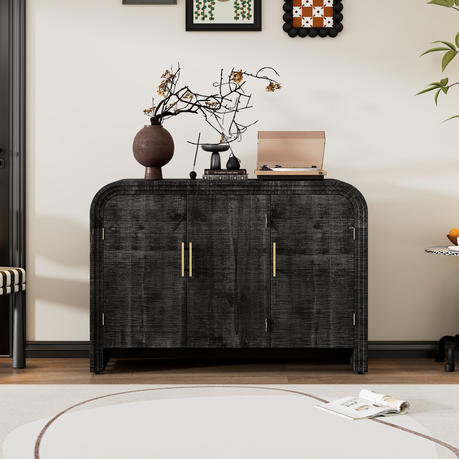 Retro Minimalist Curved Sideboard With Gold Handles And Adjustable Dividers For Living Room Or Dining Room Antique Black Antique Black Mdf